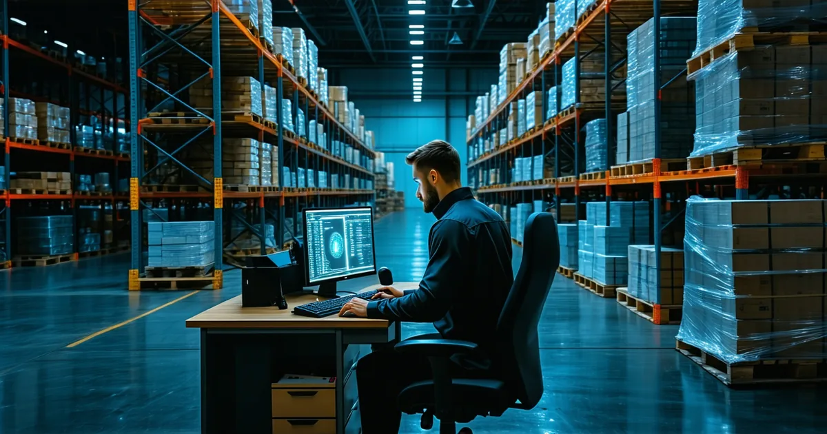 Logistics coordinator at a desk reviewing shipment status on multiple monitors
