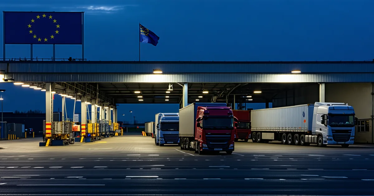 EU parliament building in Brussels with freight containers in foreground