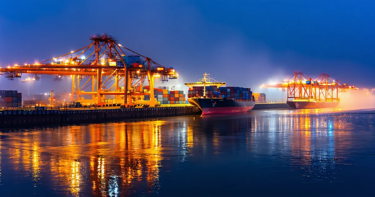 Hamburg port container terminal at dusk with cranes illuminated