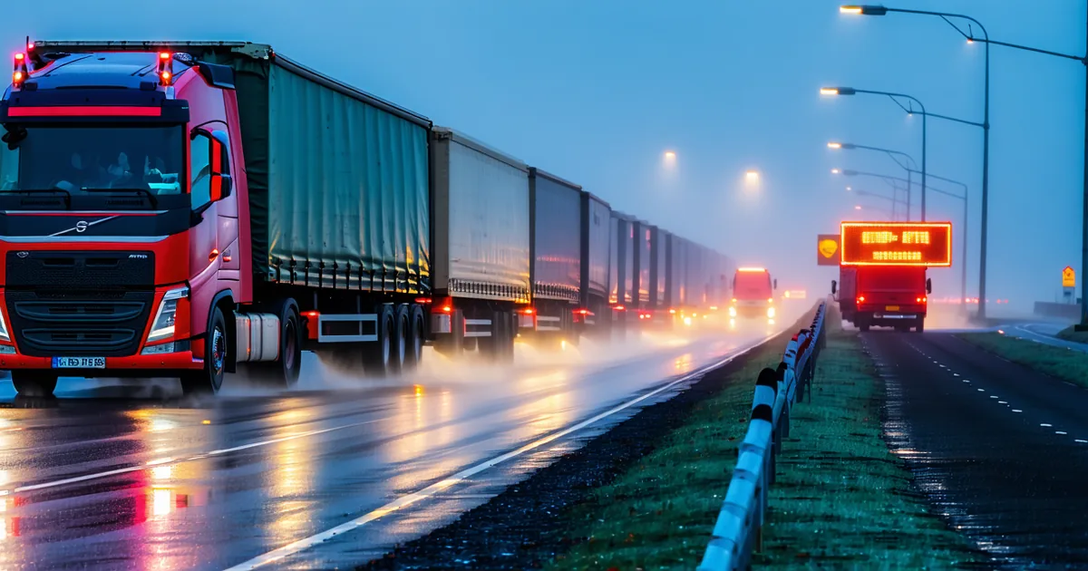 Trucks queuing at EU customs border crossing at dawn