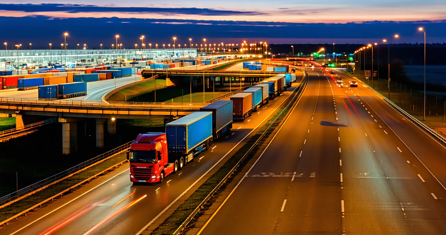 Aerial night view of a European freight hub with illuminated truck lanes and loading docks, conveying real-time logistics operations